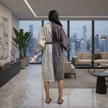 Handmade eco-friendly kimono robe with tie waist, black and white pattern, comfy loungewear