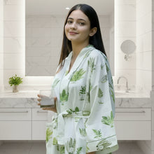 Handmade eco-friendly cotton robe with green fern print, lightweight and comfy