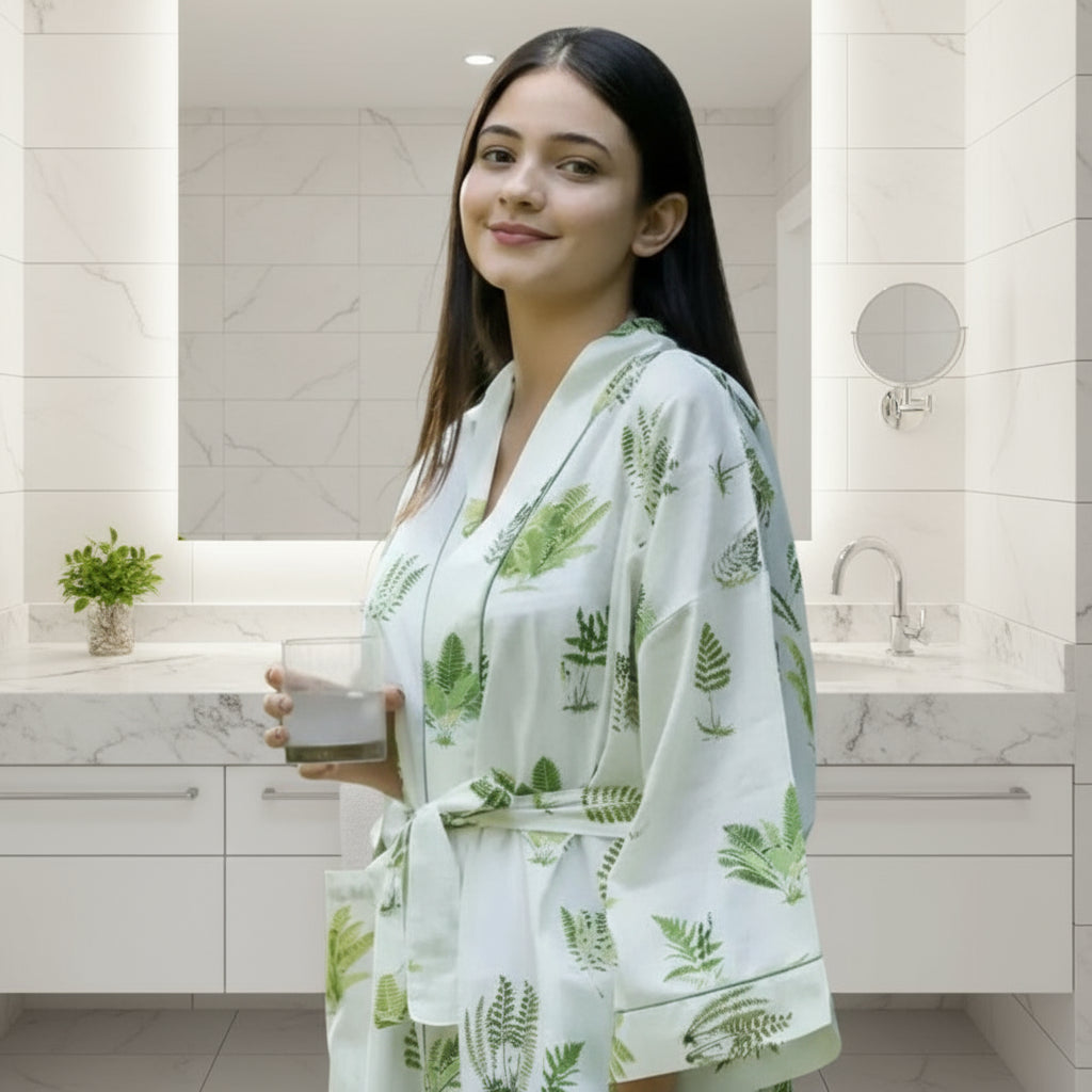 Handmade eco-friendly cotton robe with green fern print, lightweight and comfy