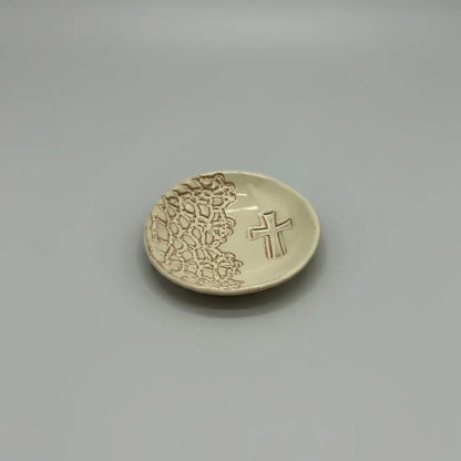 Handmade cross ring dish in cream ceramic with lace pattern and embossed cross, unique gift