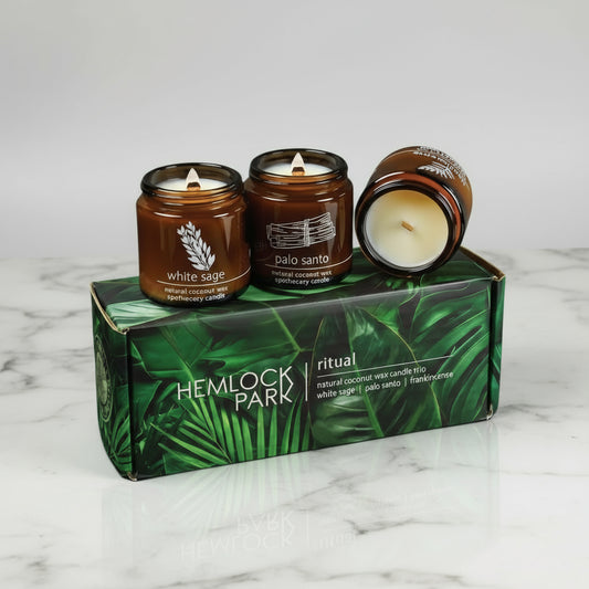 Natural coconut wax candles with white sage, Palo Santo, and frankincense scents
