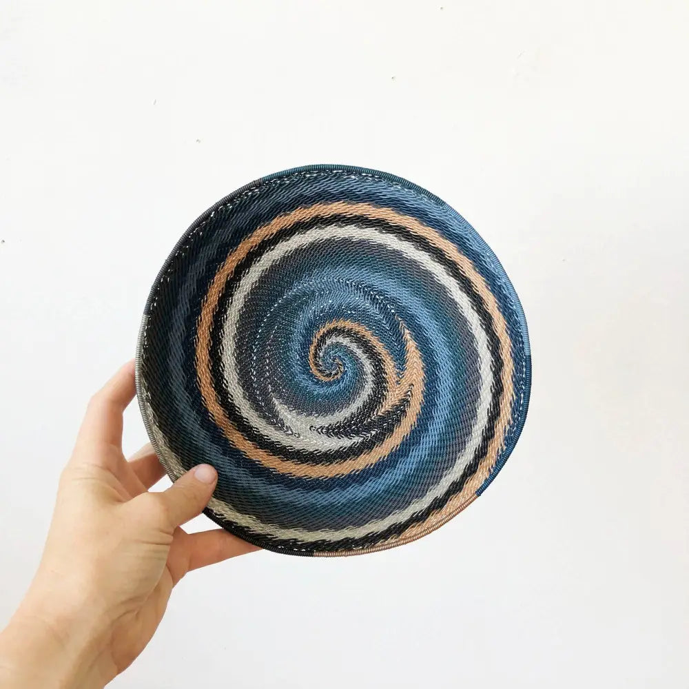 Hand-woven blue beige white city lights basket from South Africa for city lights woven decor