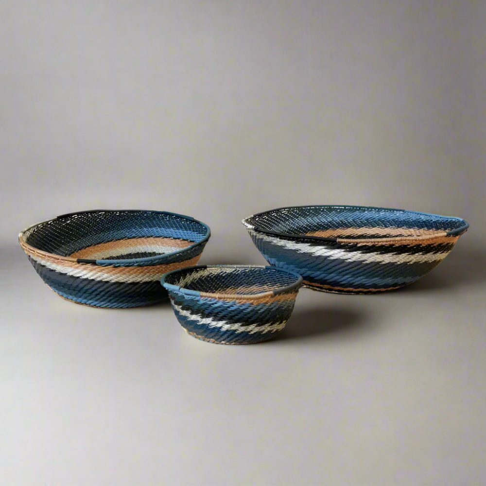 Colorful South Africa city lights woven baskets with blue, white, and orange stripes