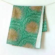 Eco-friendly handmade green and pink patterned linen table runner with a white border