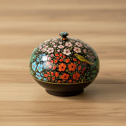Handmade eco-friendly ceramic jewelry box with floral bird design and green lid