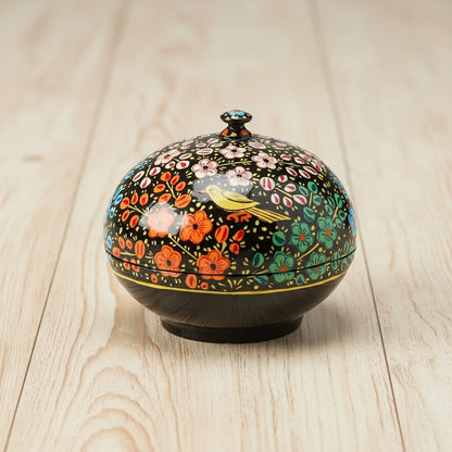 Handmade eco-friendly jewelry box with black floral bird ceramic jar and gold accents