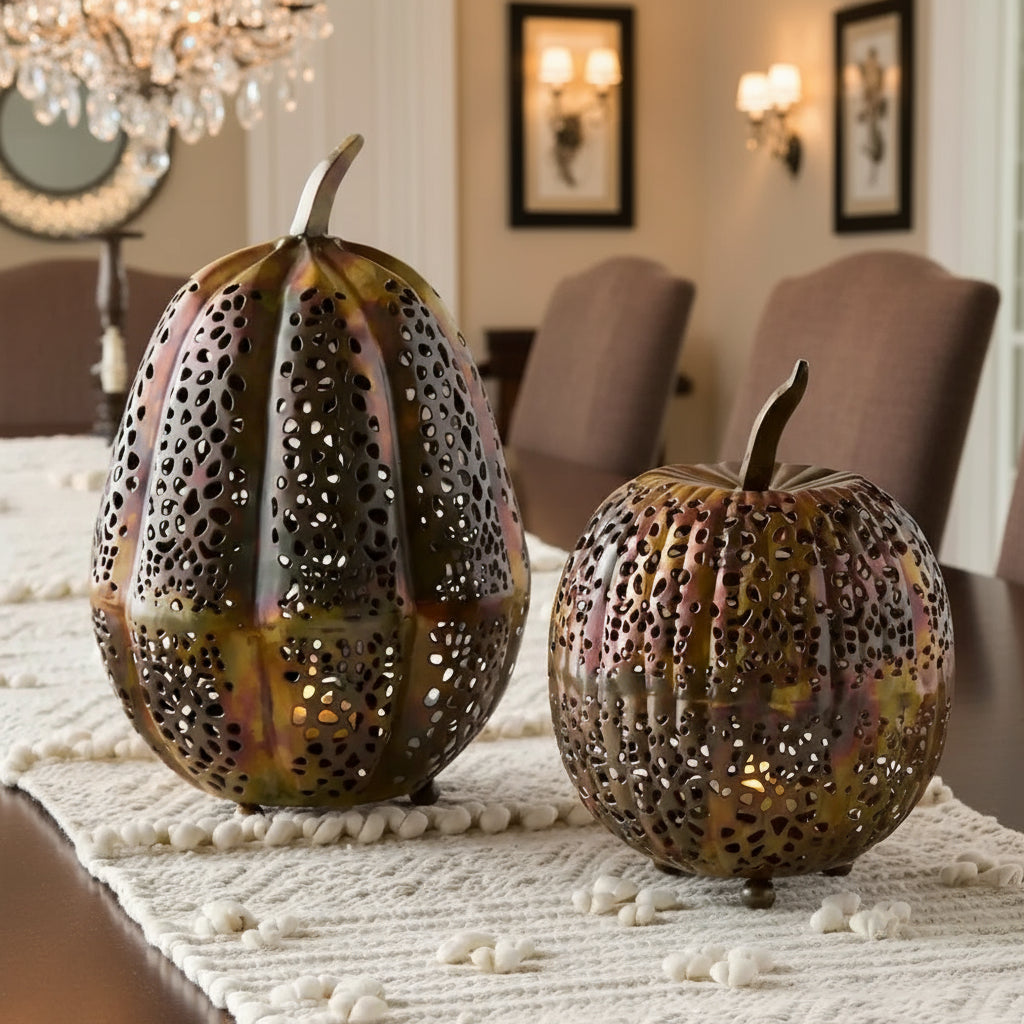 Handmade eco-friendly metallic pumpkin lantern with intricate cut-outs for LED candles