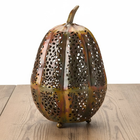 Handmade eco-friendly metal pumpkin lantern with intricate cut-out design for LED candle