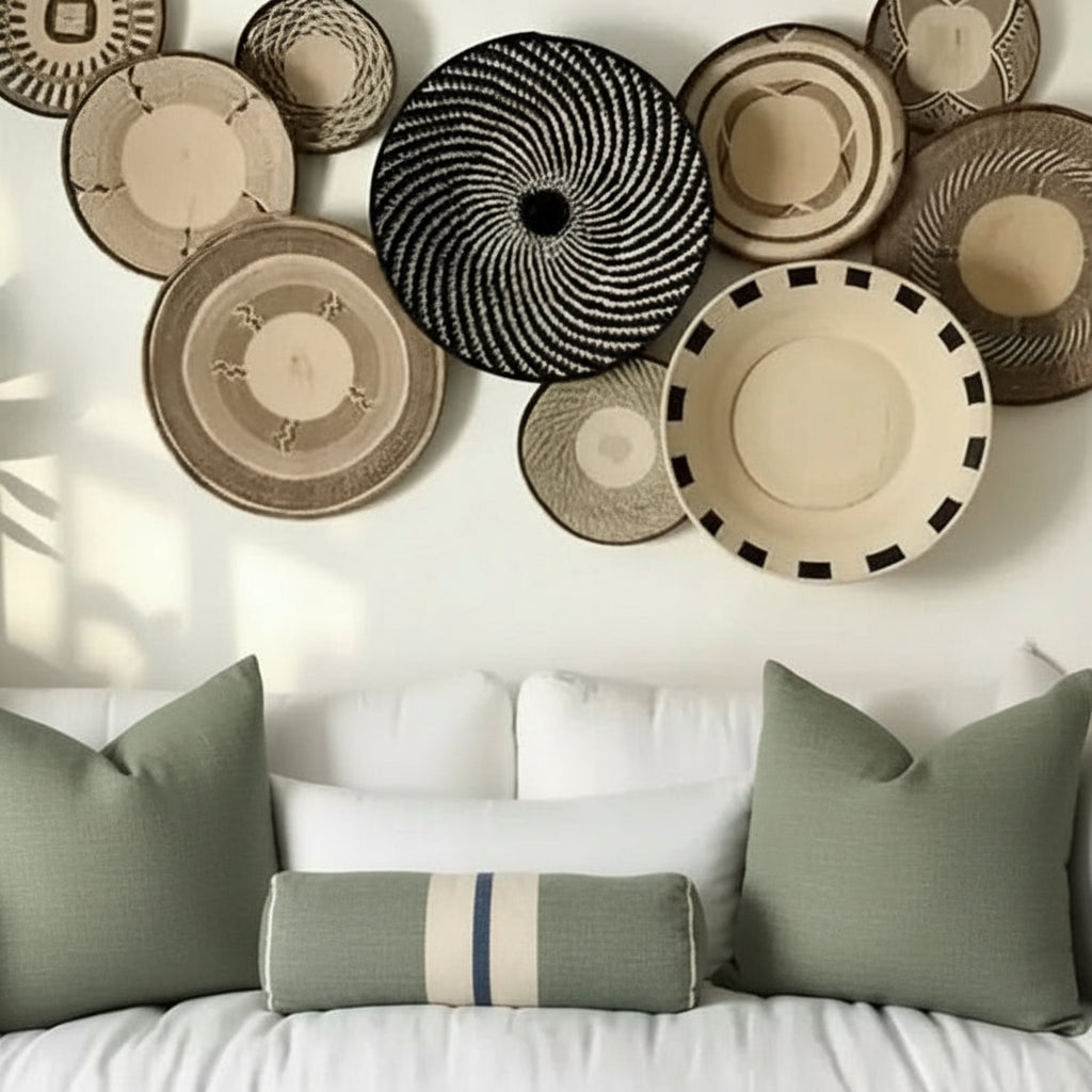 White slipcovered sofa with throw pillows next to handmade eco-friendly Palm Leaves Basket from Zimbabwe