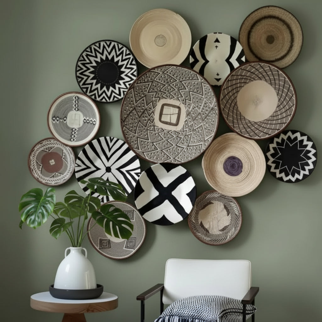 Decorative handmade eco-friendly wall baskets made from palm leaves from Zimbabwe