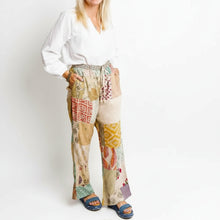 Hand-stitched lightweight eco-friendly patchwork lounge pants with colorful high-waist patterns