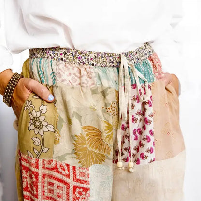 Hand-stitched lightweight eco-friendly patchwork lounge pants with boho floral patterns