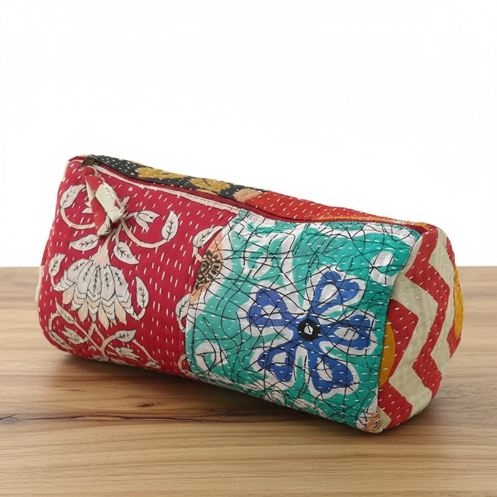 Colorful handmade eco-friendly patchwork pencil case with floral and geometric patterns