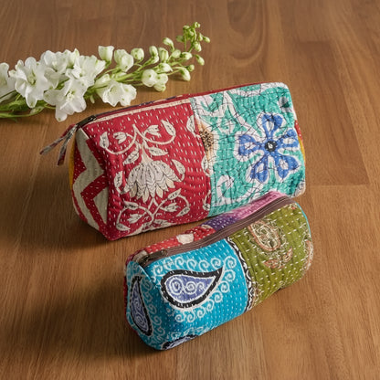 Colorful handmade eco-friendly patchwork pencil case with floral and geometric patterns