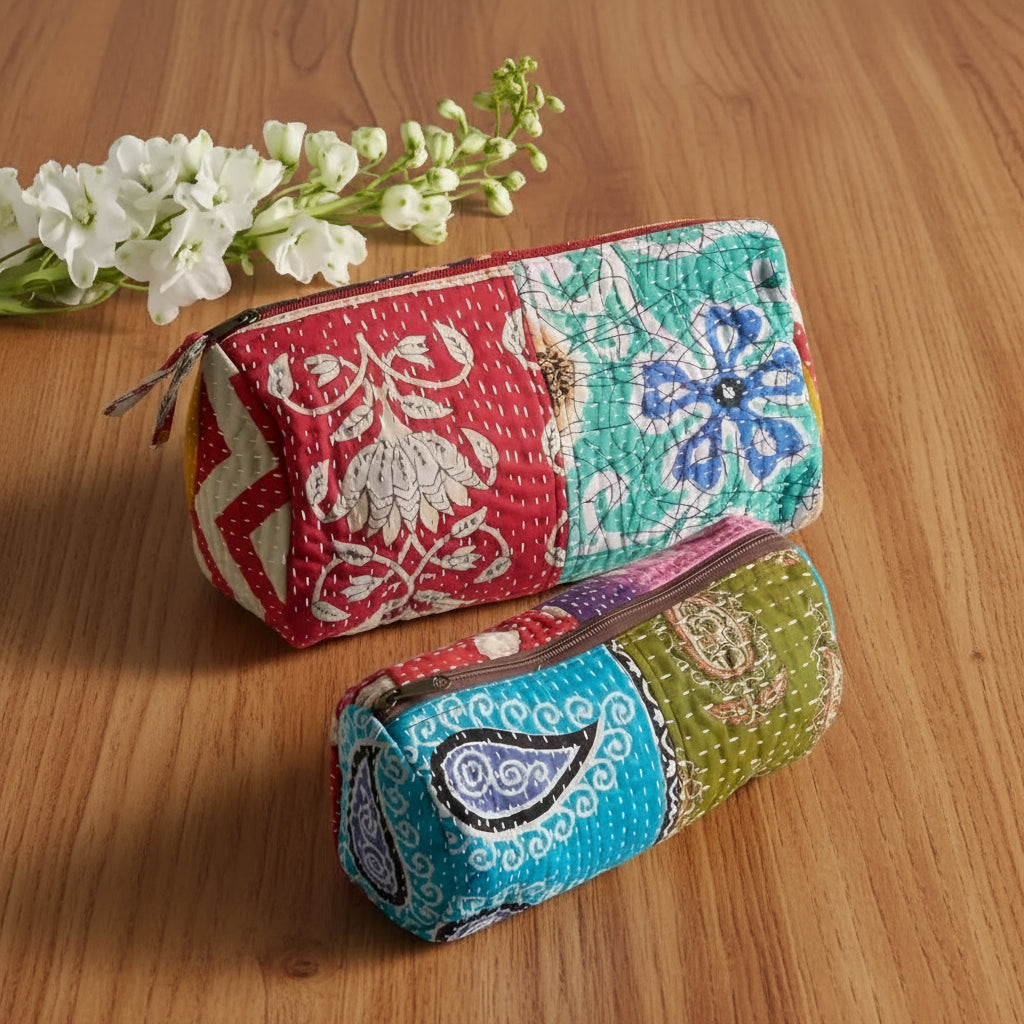 Colorful handmade eco-friendly patchwork quilted pencil case with paisley and floral patterns
