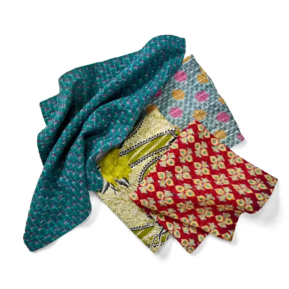 Handmade eco-friendly teal and green scarf with floral patchwork and Kantha embroidery