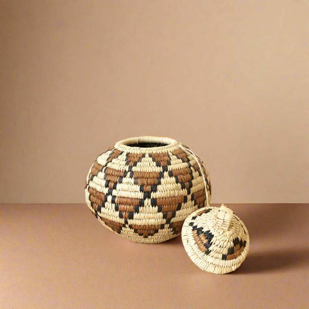 South Africa handmade woven baskets set with lidded basket featuring geometric pattern