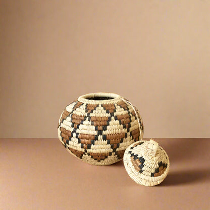 South Africa handmade woven baskets set with lidded basket featuring geometric pattern