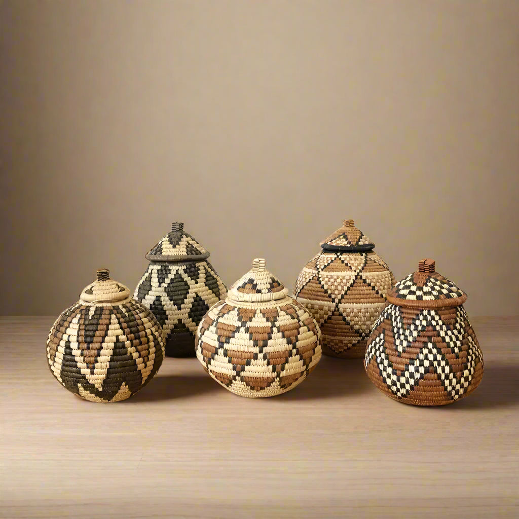 South Africa handmade woven baskets set with lidded baskets and geometric patterns