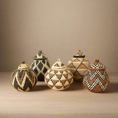 South Africa handmade woven baskets set with lidded baskets and geometric patterns