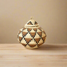 South Africa handmade woven baskets set with lidded, geometric pattern in natural fibers