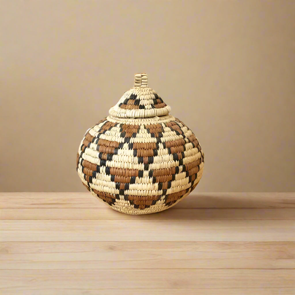 South Africa handmade woven baskets set with lidded, geometric pattern in natural fibers