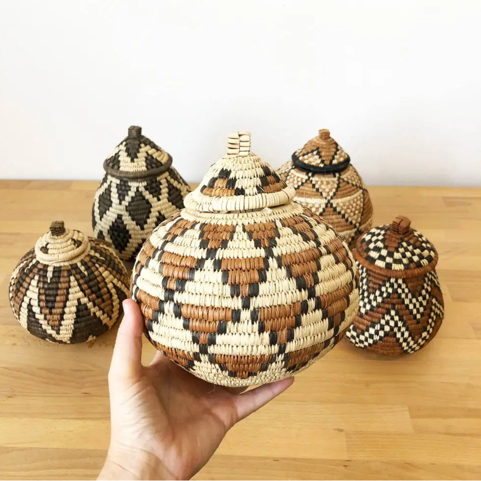 South Africa handmade woven baskets set with intricate patterns and lidded design