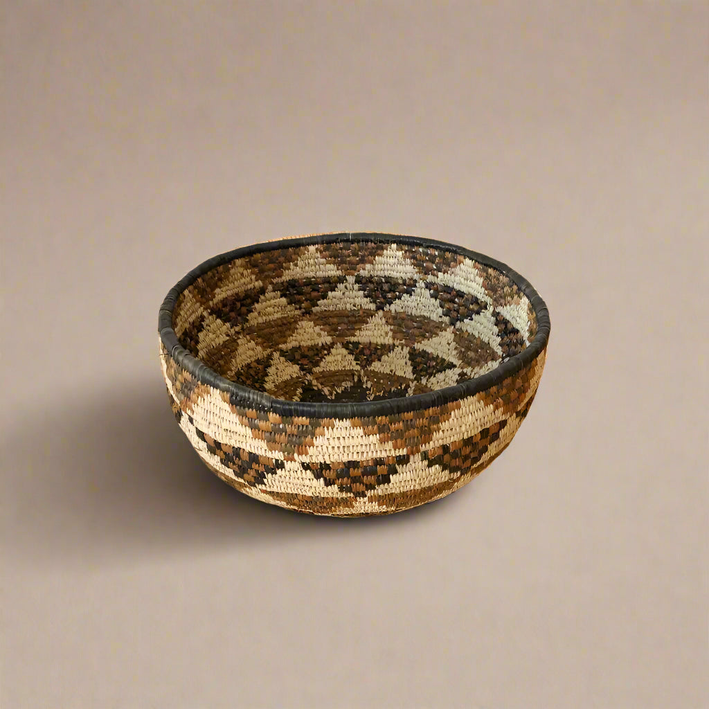 Handwoven South Africa bowl with ilala palm and wild grasses, triangle pattern design