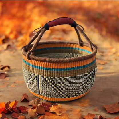 Handmade elephant grass market basket with leather handle and colorful bands eco-friendly style