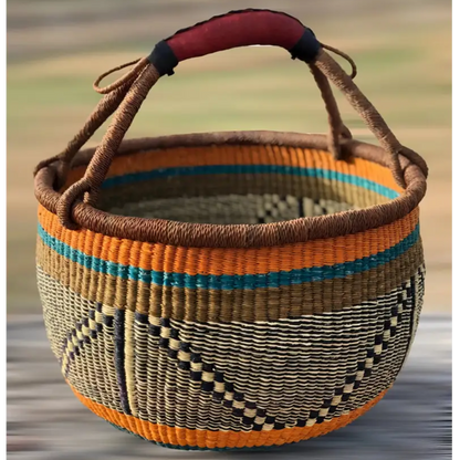 Handmade elephant grass market basket with leather handle and colorful striped design