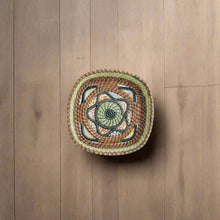 Handmade Guatemalan small basket with pine needle spiral and floral design