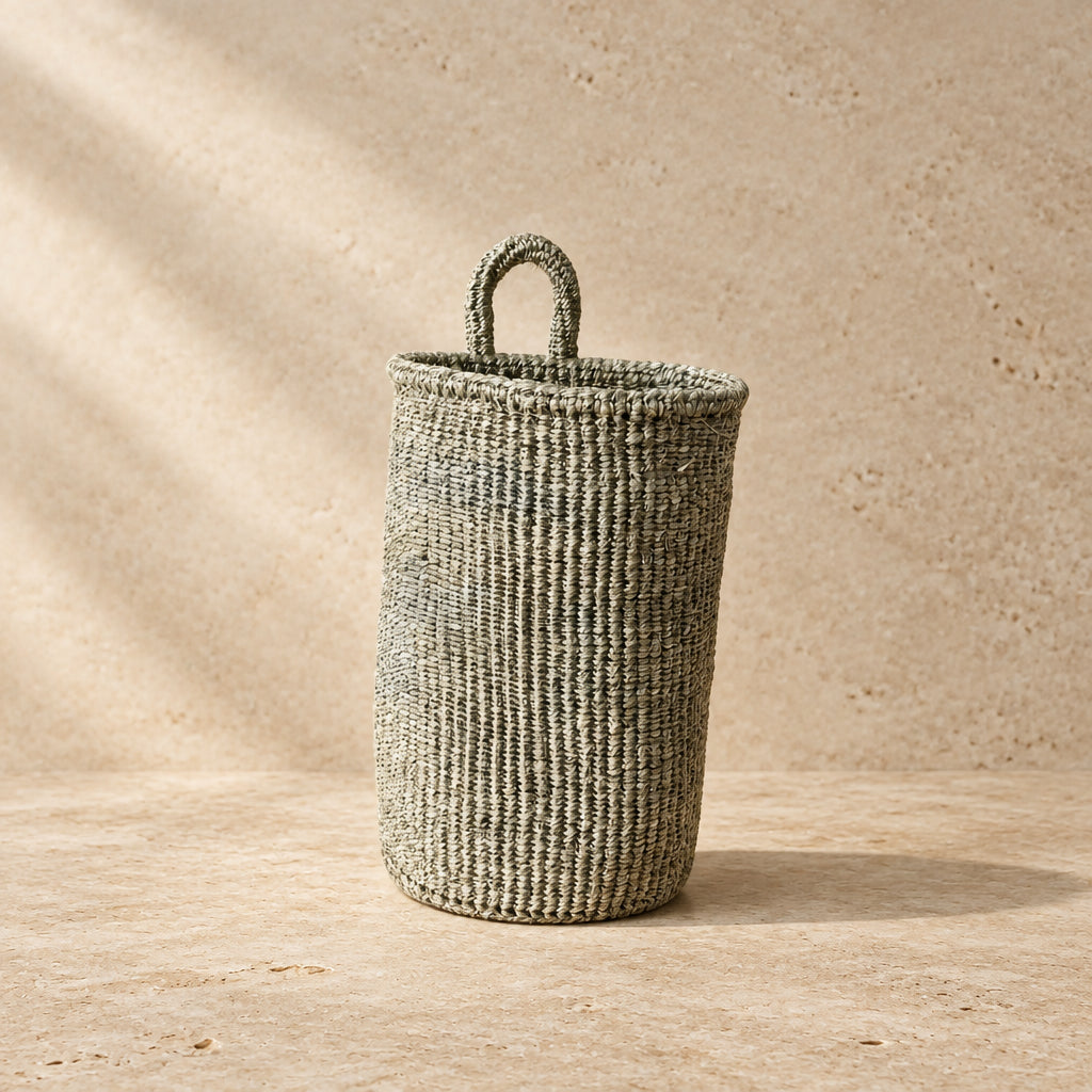 Gray handmade hanging sisal basket with sturdy looped handle perfect for hanging storage and decoration
