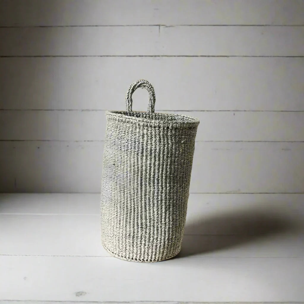 Handwoven gray and white striped hanging sisal basket with handle, handmade basket