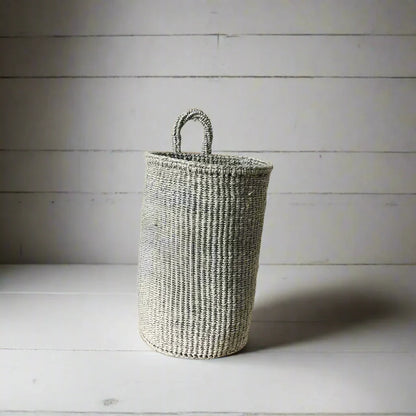 Handwoven gray and white striped hanging sisal basket with handle, handmade basket