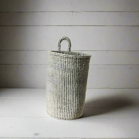 Handwoven gray and white striped hanging sisal basket with handle, handmade basket