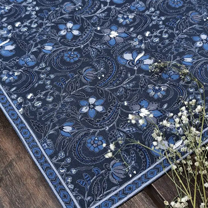 Dark blue handmade eco-friendly floral patterned table runner with decorative border