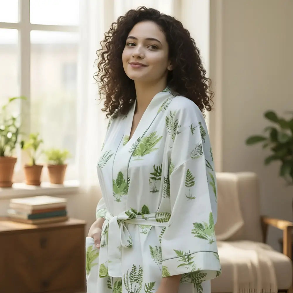 Handmade lightweight cotton kimono robe with green fern leaf print, tie belt, and pockets