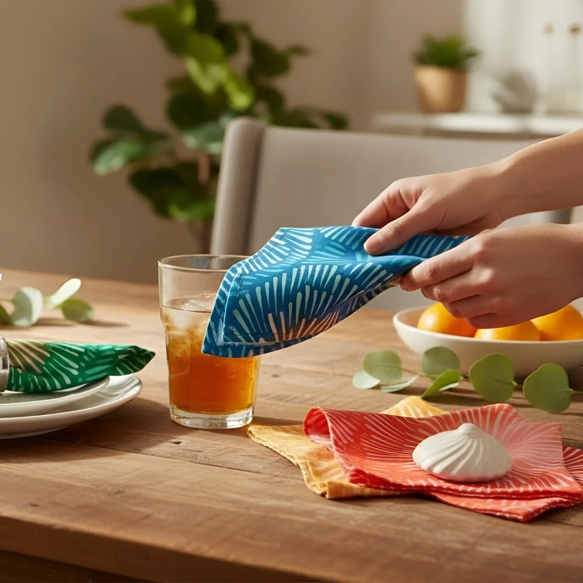 Blue white palm leaf reusable ice pack bag in linen napkin set