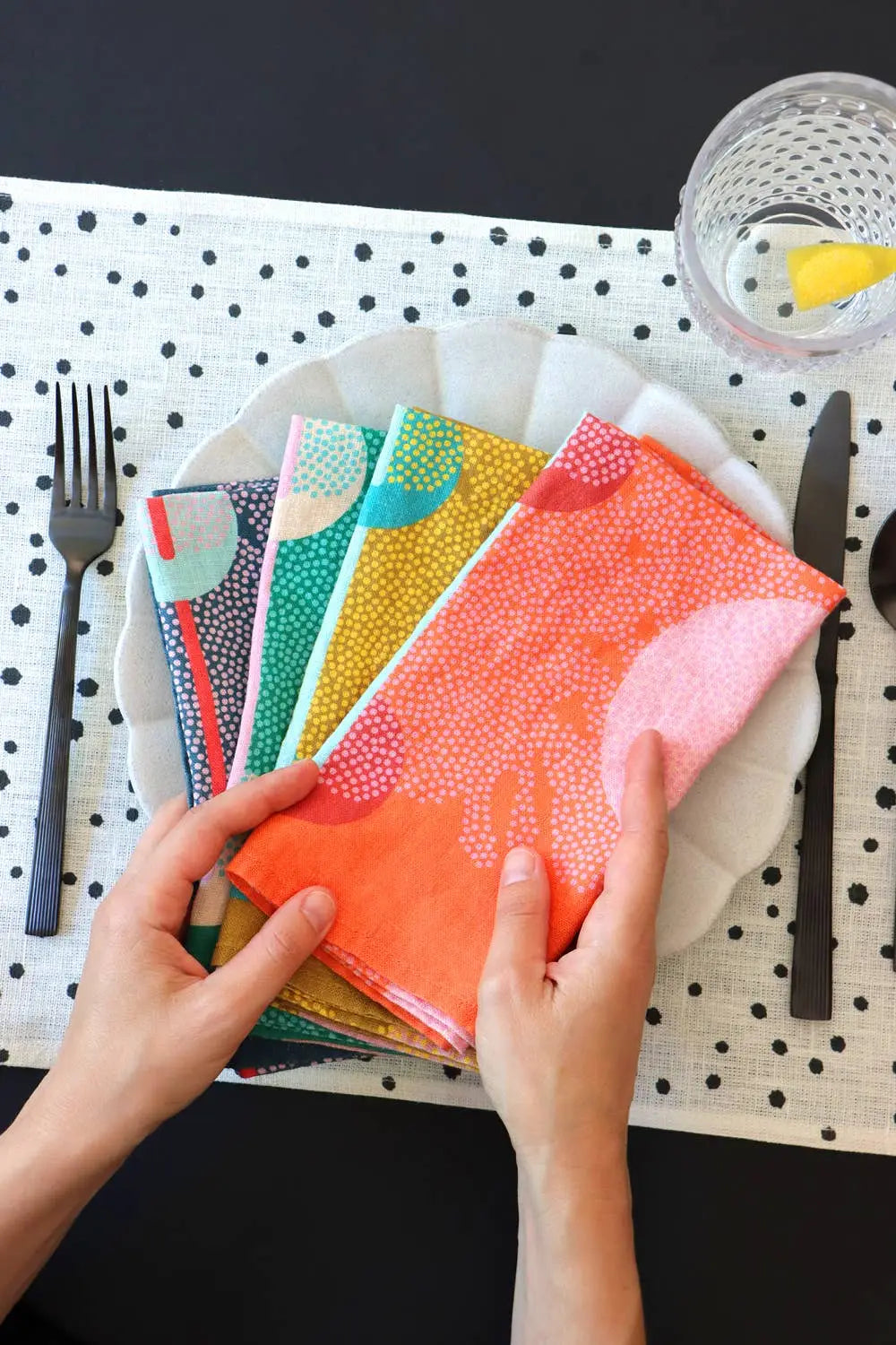 Colorful handmade eco-friendly linen napkins set with vibrant patterns and bold colors