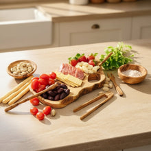 Handmade Olive Wood Appetizer Tray with snacks for serving and sharing
