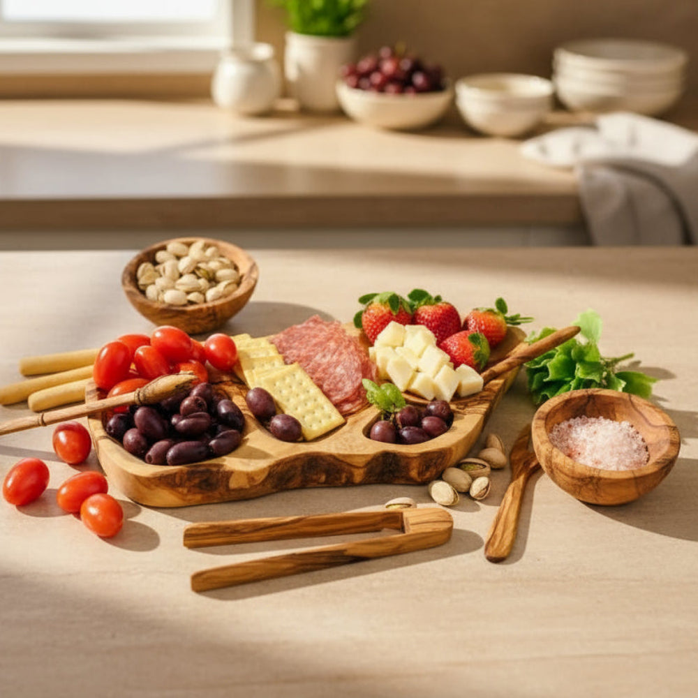 Handmade olive wood appetizer tray with charcuterie, fruit, and snacks for serving