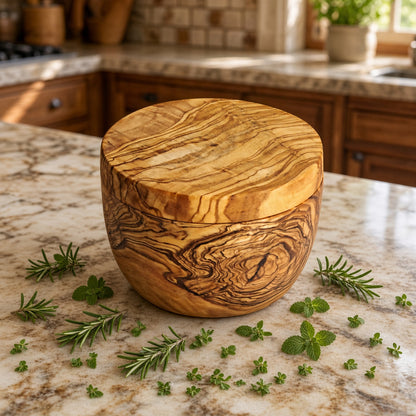 Handmade olive wood salt cellar with swivel lid featuring smooth rounded body and warm golden-brown swirling grain patterns