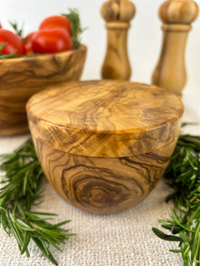 Handmade olive wood salt cellar with swivel lid for stylish kitchen storage
