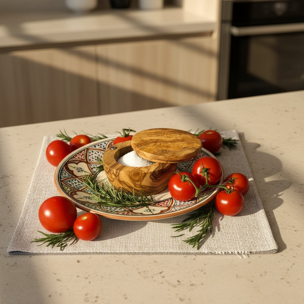 Handmade olive wood salt cellar with decorative ceramic plate and swivel lid