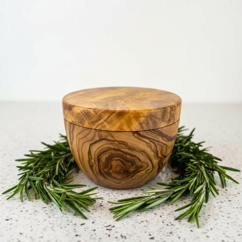 Handmade olive wood salt cellar with swivel lid for stylish kitchen storage