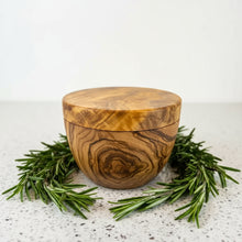 Handmade olive wood salt cellar with swivel lid for stylish kitchen storage