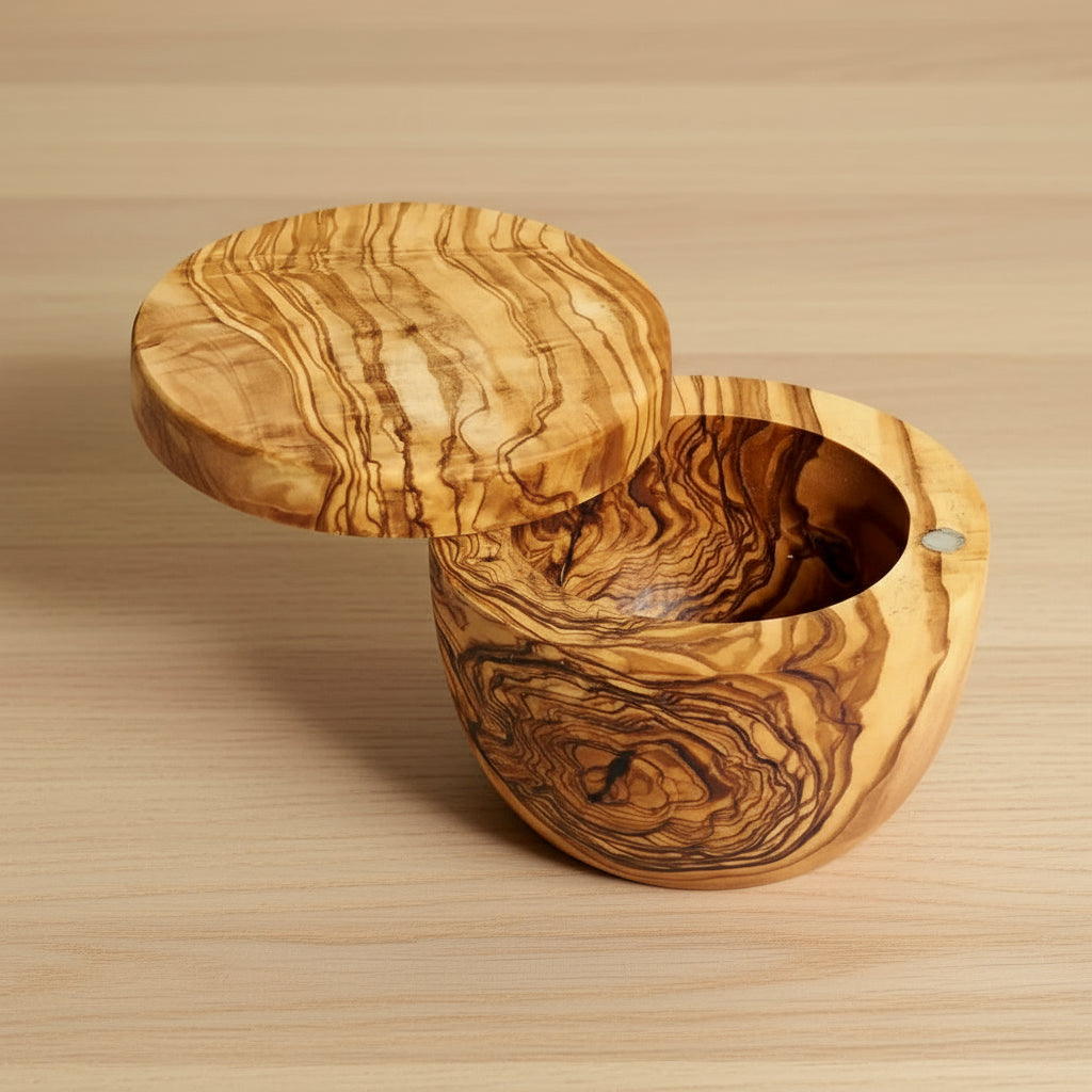 Handmade olive wood salt cellar with swivel lid for stylish kitchen storage