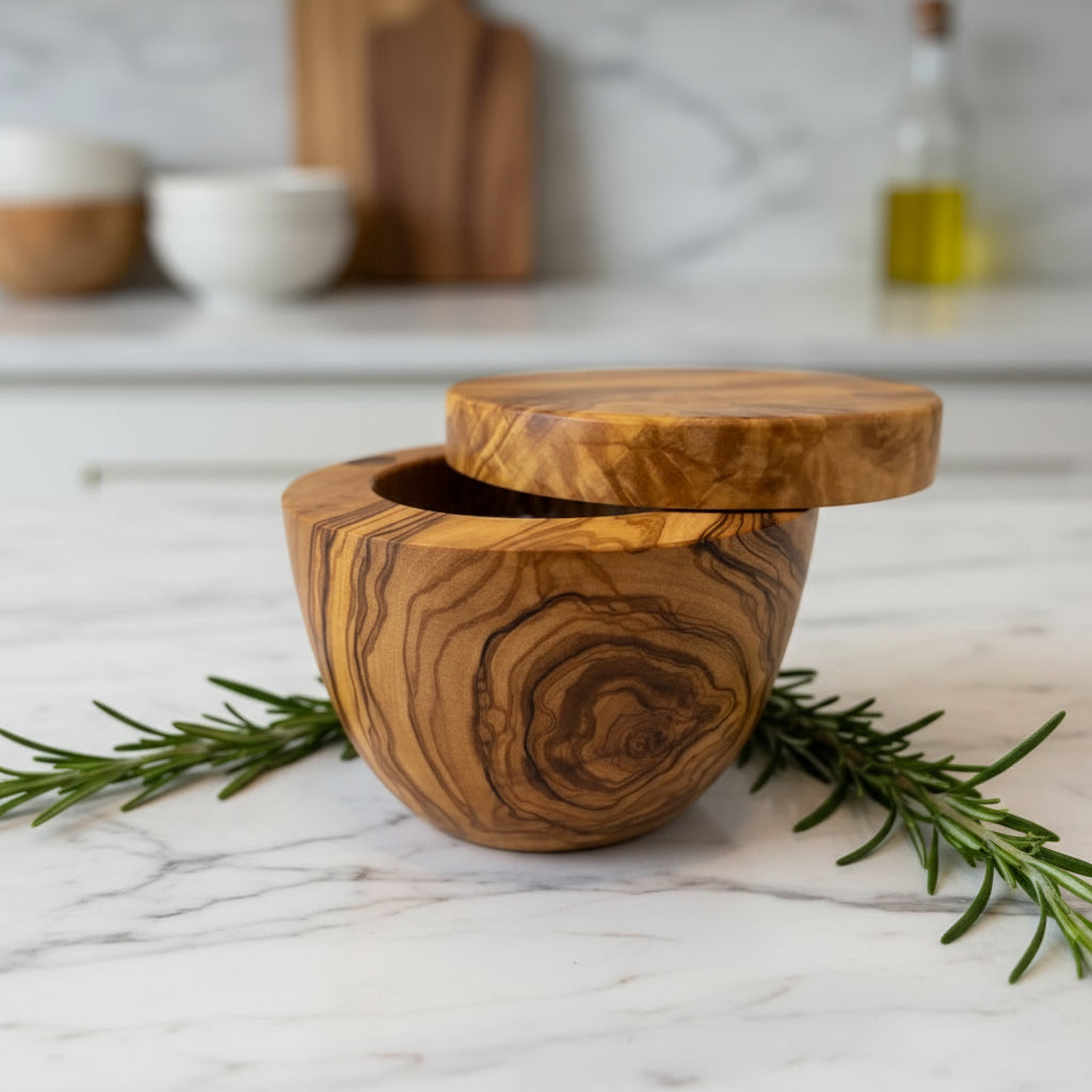 Handmade olive wood salt cellar with swivel lid for stylish kitchen storage