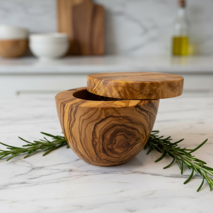 Handmade olive wood salt cellar with swivel lid for stylish kitchen storage