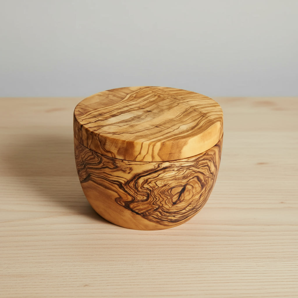 Handmade Olive Wood Salt Cellar with Swivel Lid showing a round bowl with grain patterns